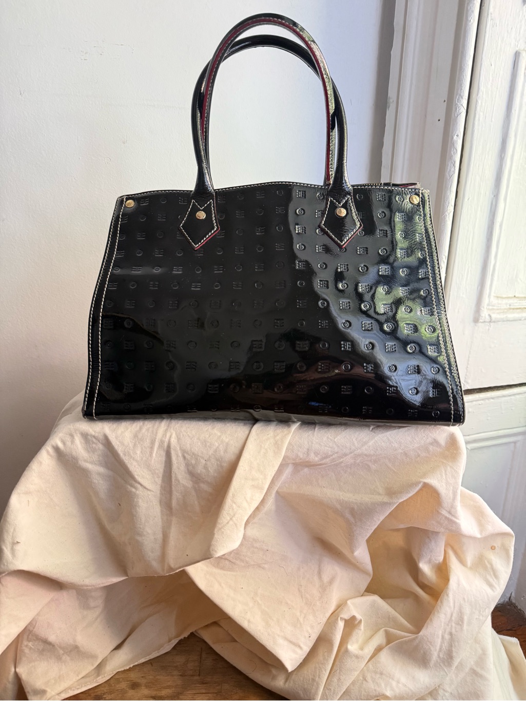 Arcadia Clizia Patent Leather Satchel Black Monogram & Python Print Leather Bag